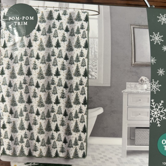 New Envogue Christmas Tree Oeko Tex Shower Curtain 72" x 72" With Pom Pom Trim - Picture 2 of 5